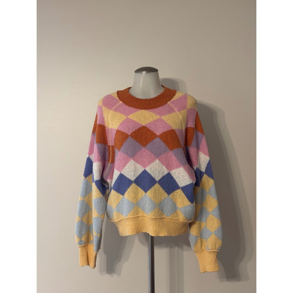 Free People Argyle Riley Pattern Pullover Womens S Multicolor Oversized Knit GUC